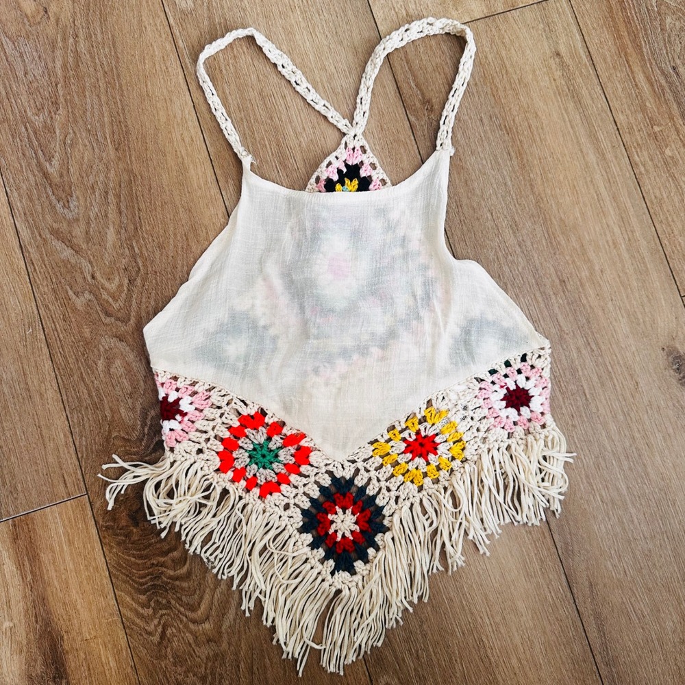 SHEIN‎ Womens Boho Crochet Granny Square Fringe Halter Crop Top Cream Multi L